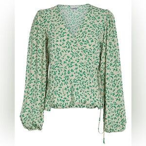 Ganni Floral Crepe Wrap Blouse